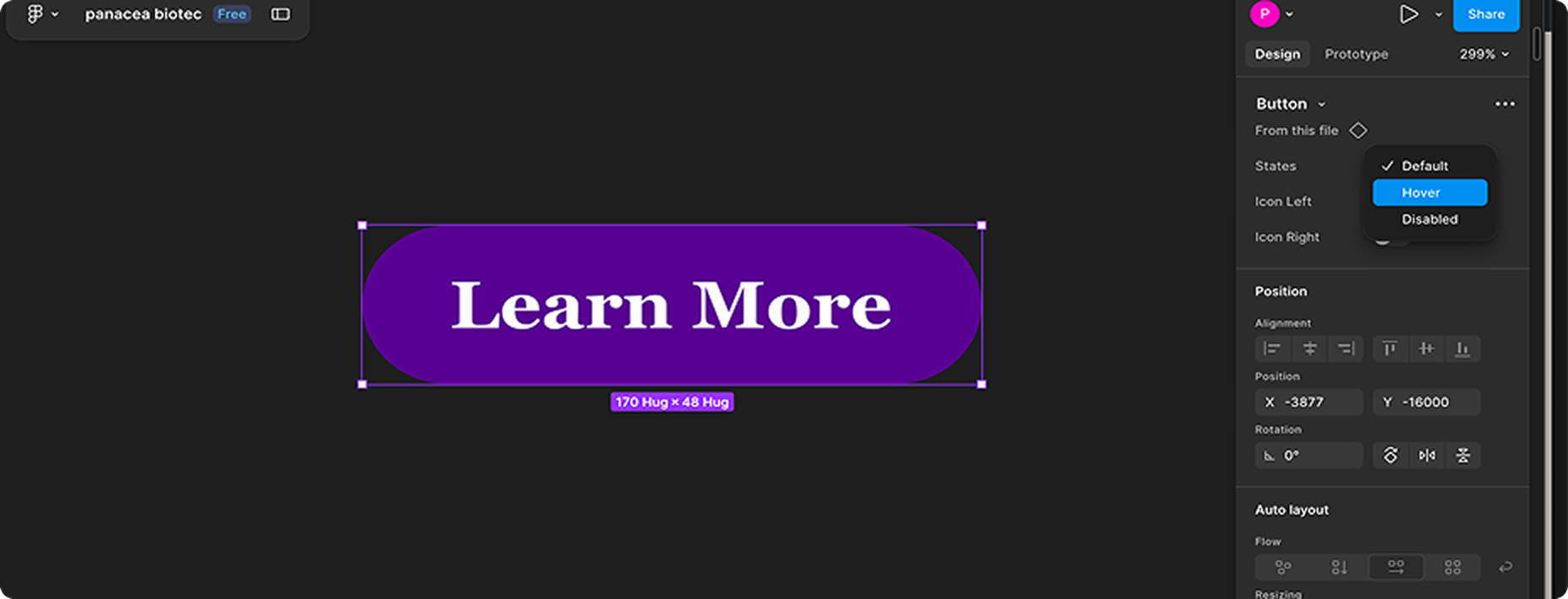 Button component: Default, Hover, and Disabled states